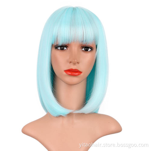 Natural Looking Pastel Mint Green Replacement Wig Neon Color Short Bob Hair with Bangs  Machine Made None Lace Synthetic Wig